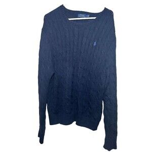 Polo Ralph Lauren Cable Knit Sweater Women Large Navy Blue Cotton Crewneck